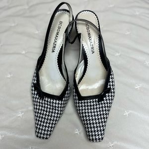 Black and white slingback woven leather pump